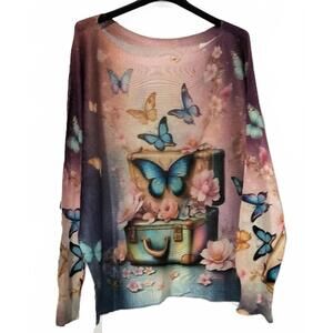 NEW LOOWIE women's butterfly knit printed sweater in pink